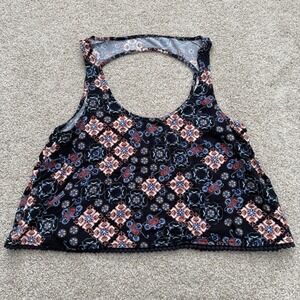 Mudd Crop Tank Top Womens‎ Medium Black Blue Medallion Boho Pom Pom Trim Cutout